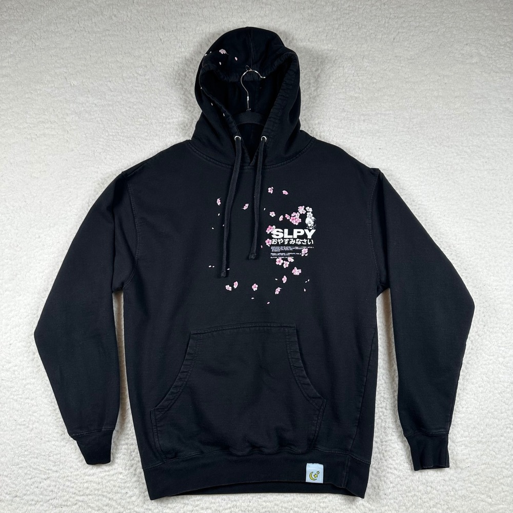 SLPY Japanese Kanji Graphic Hoodie L Black Pink Cherry Blossom Streetwear Anime